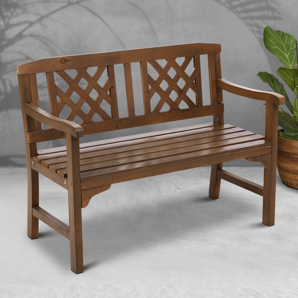 Outdoor wooden 2-seat garden bench with lattice back and curved armrests