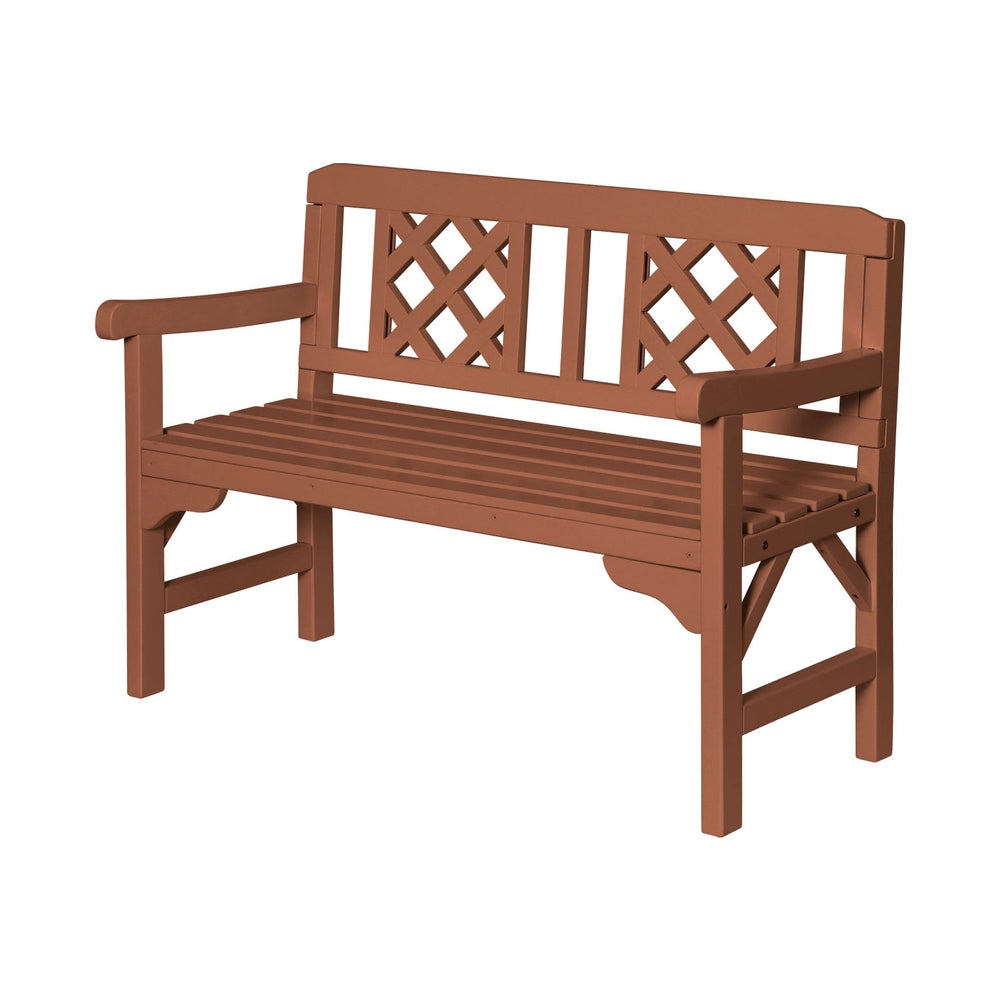 Outdoor wooden 2-seat bench with lattice back panel and slatted seat