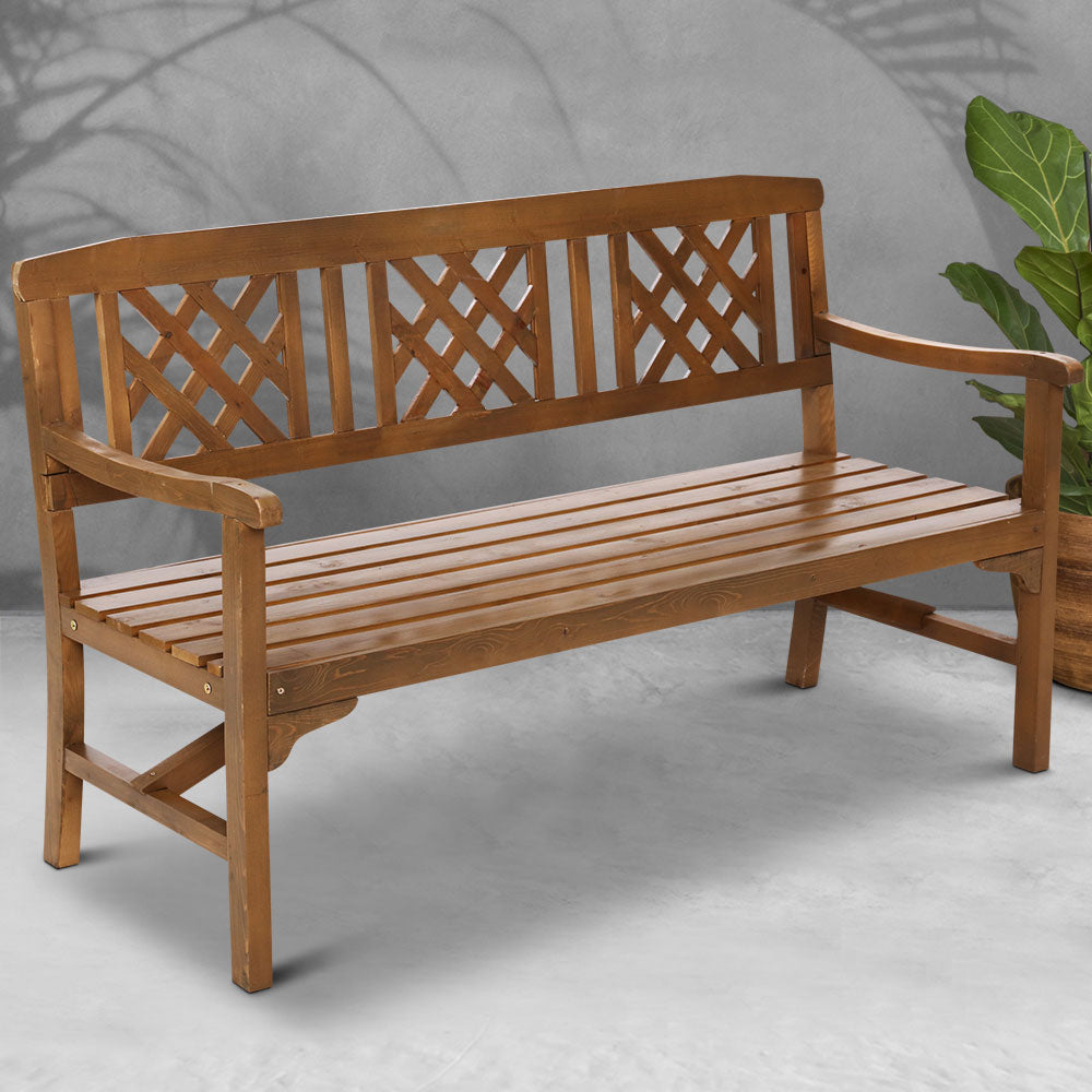 Outdoor wooden garden bench with lattice back panel, slatted seat, and corner supports