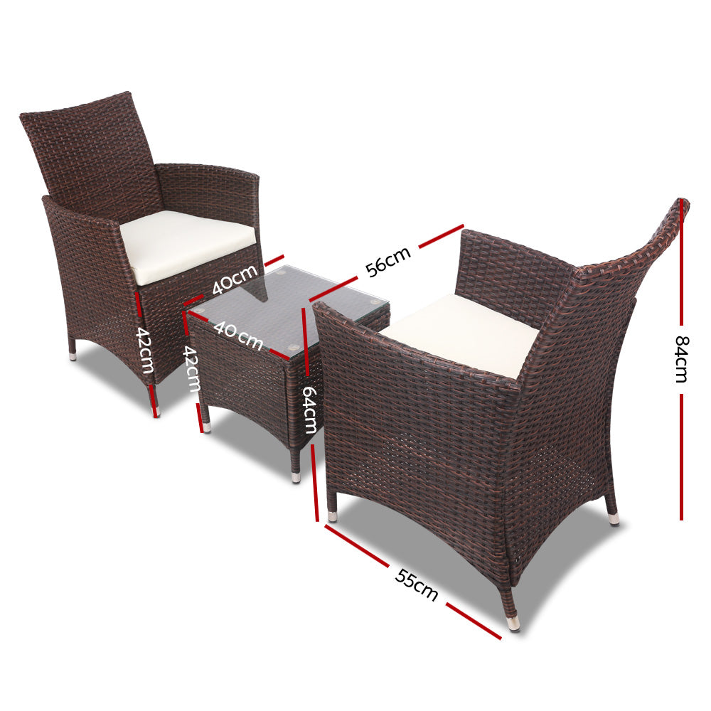Dark brown wicker patio set: 2 chairs with white cushions and small table size
