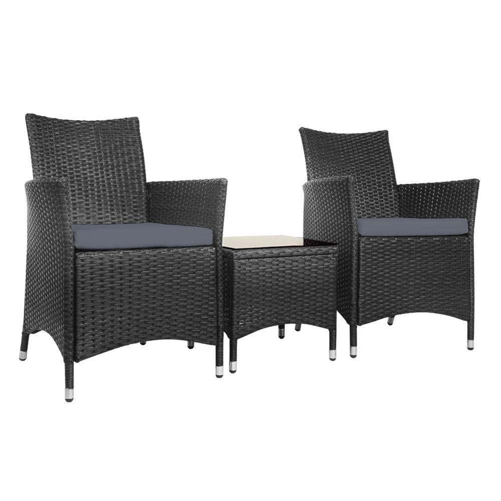 Gardeon 3PC Outdoor Bistro Set Patio Furniture Wicker Chairs Table Cushion