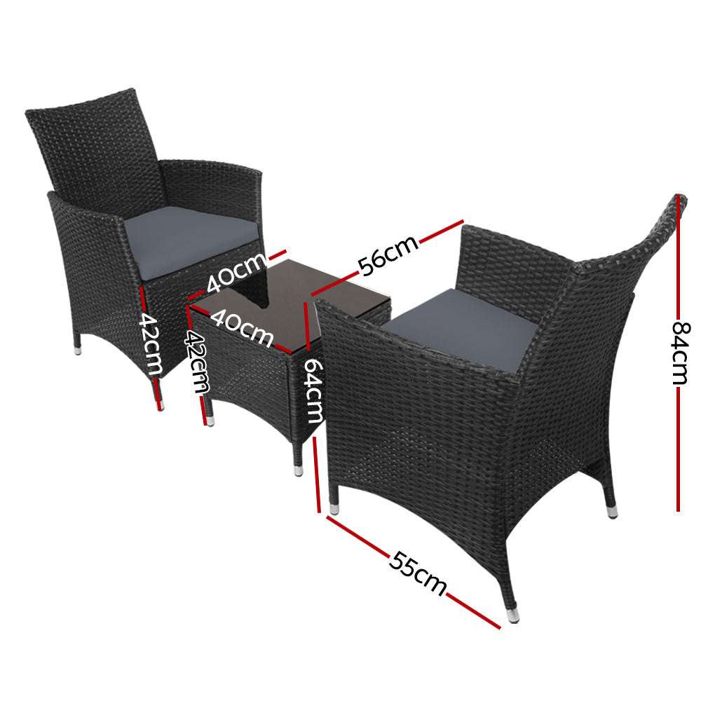 Gardeon 3PC Outdoor Bistro Set Patio Furniture Wicker Chairs Table Cushion