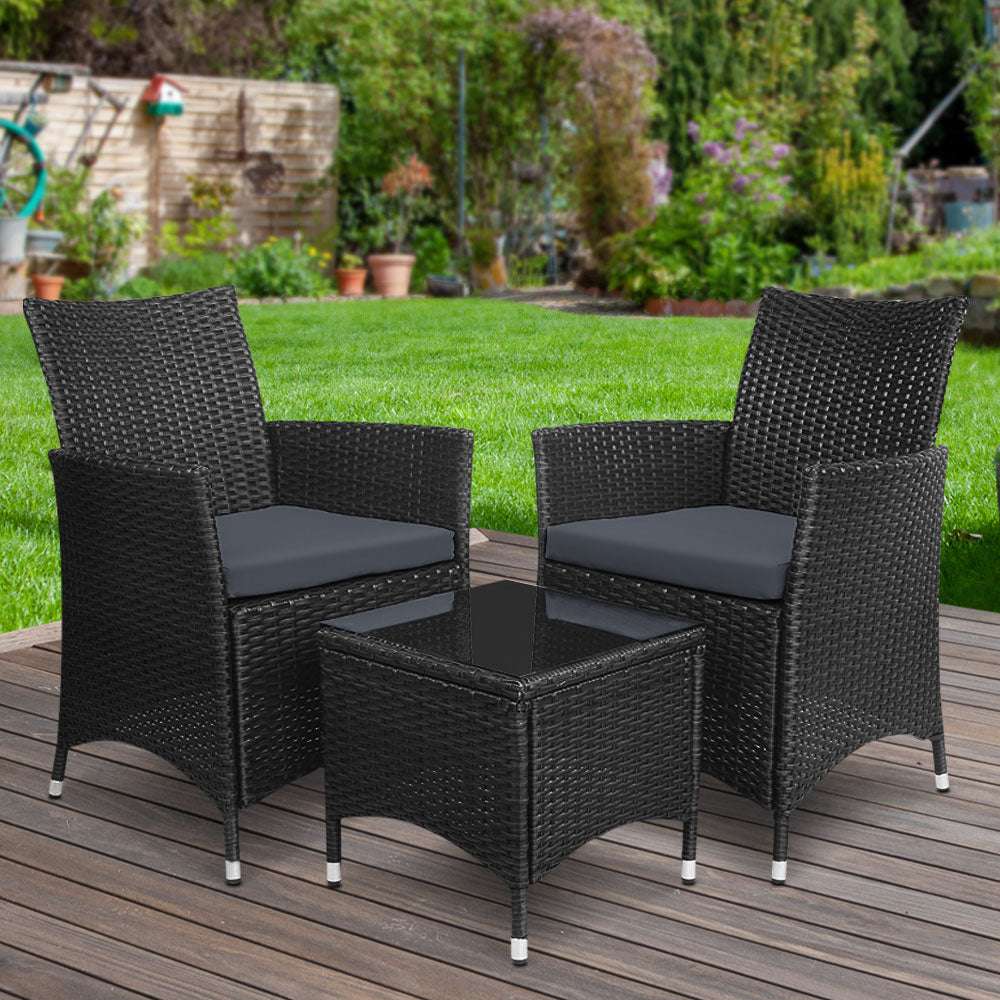Gardeon 3PC Outdoor Bistro Set Patio Furniture Wicker Chairs Table Cushion