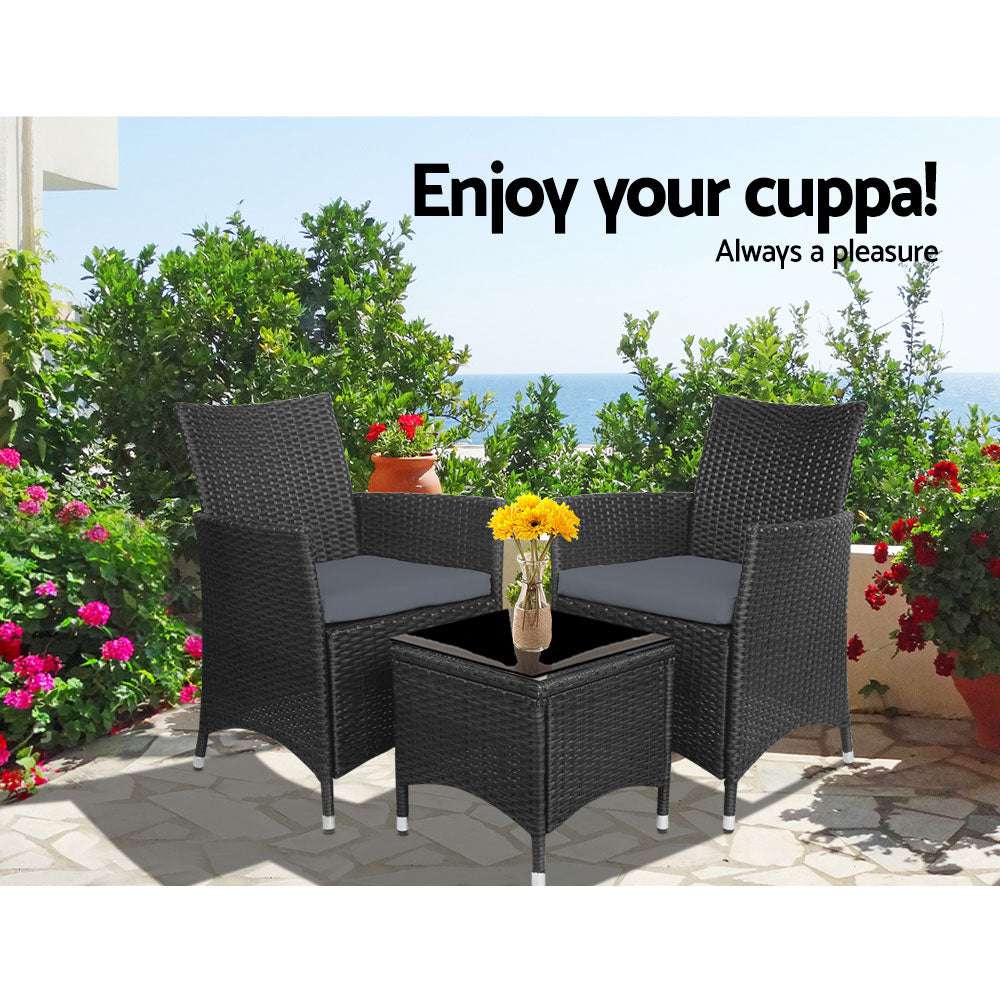 Gardeon 3PC Outdoor Bistro Set Patio Furniture Wicker Chairs Table Cushion