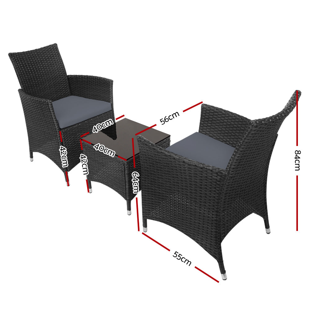 Dark wicker bistro set with two armchairs and a square table, gray seat cushions