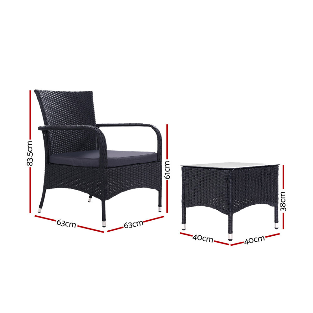 Outdoor bistro set diagram: black wicker armchair with cushion and square side table
