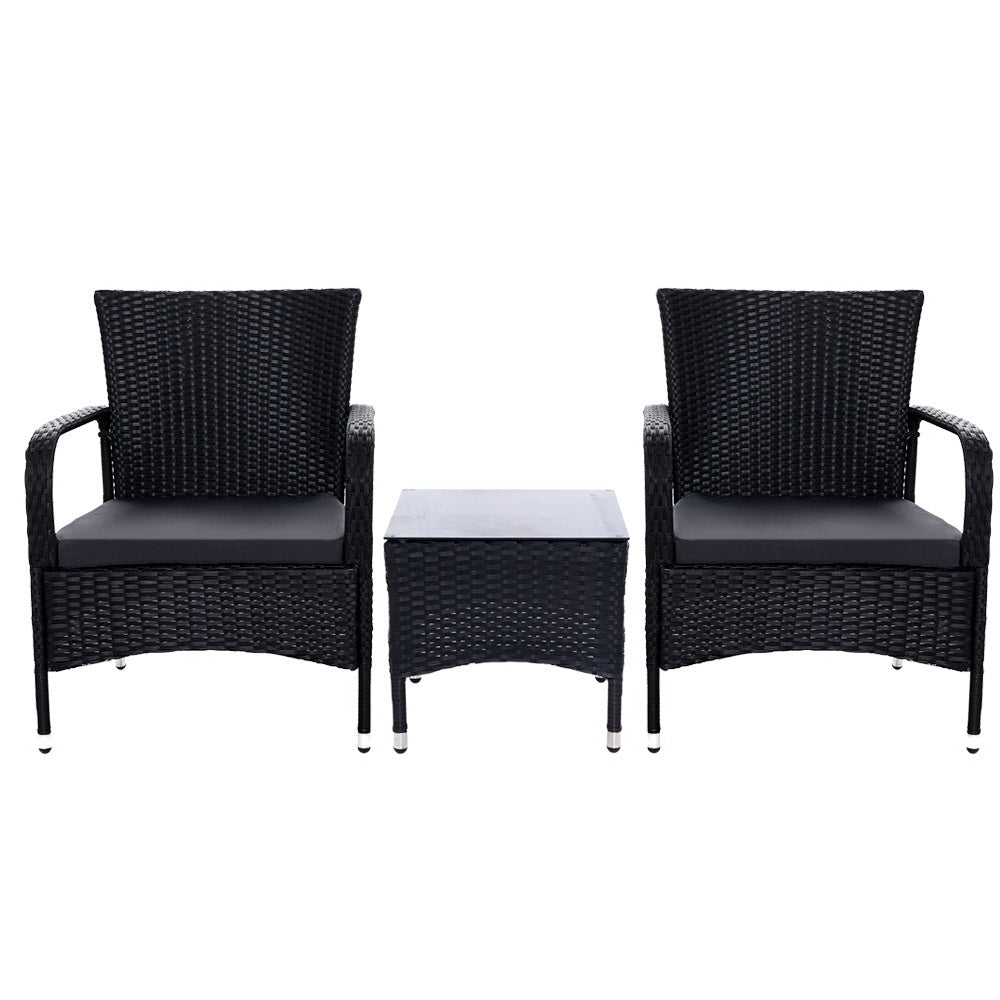 Outdoor bistro set with two black wicker armchairs and a matching square side table