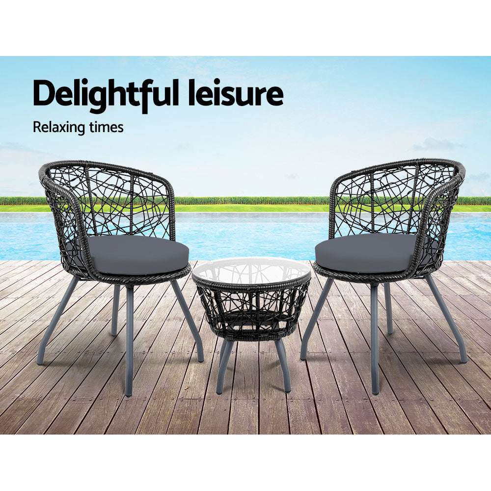 Gardeon 3PC Bistro Set Outdoor Furniture Rattan Table Chairs Patio Garden Cushion Black
