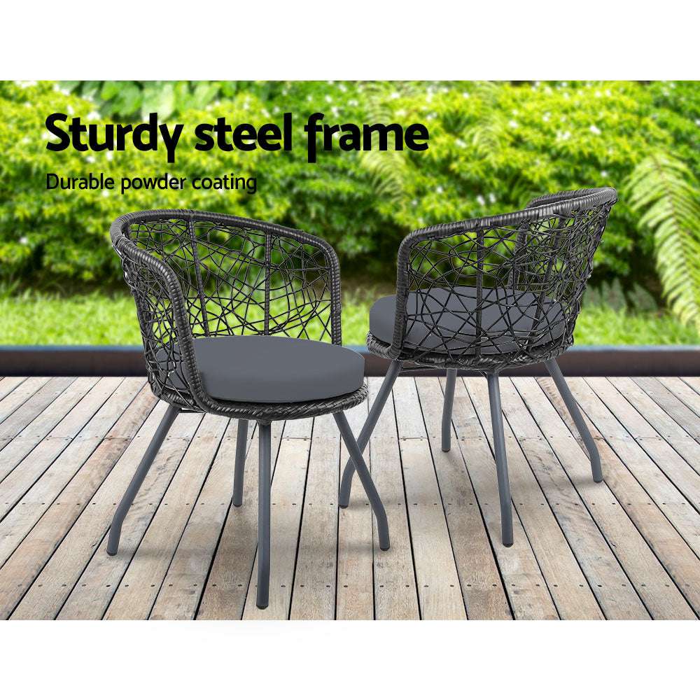 Gardeon 3PC Bistro Set Outdoor Furniture Rattan Table Chairs Patio Garden Cushion Black