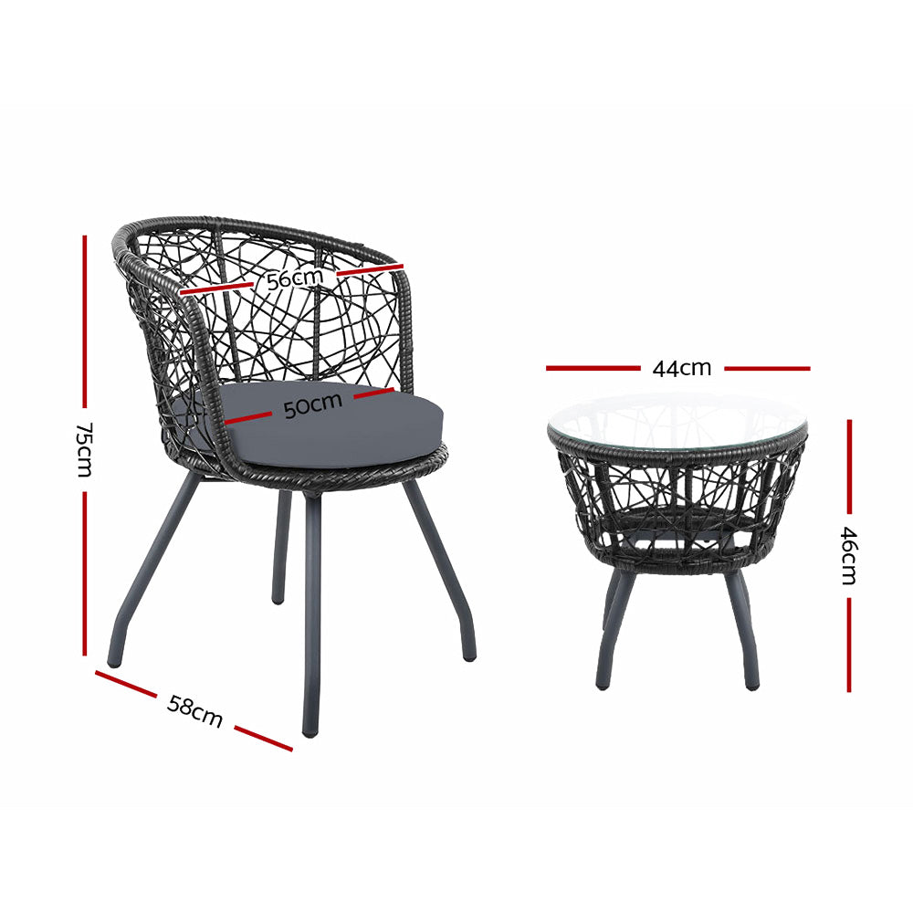 Black woven bistro chair with gray cushion and matching round side table