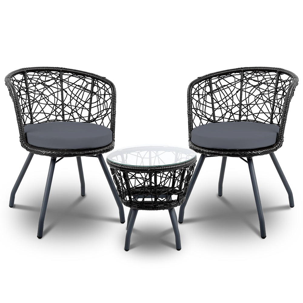 Two black woven bistro chairs with gray cushions and matching round side table
