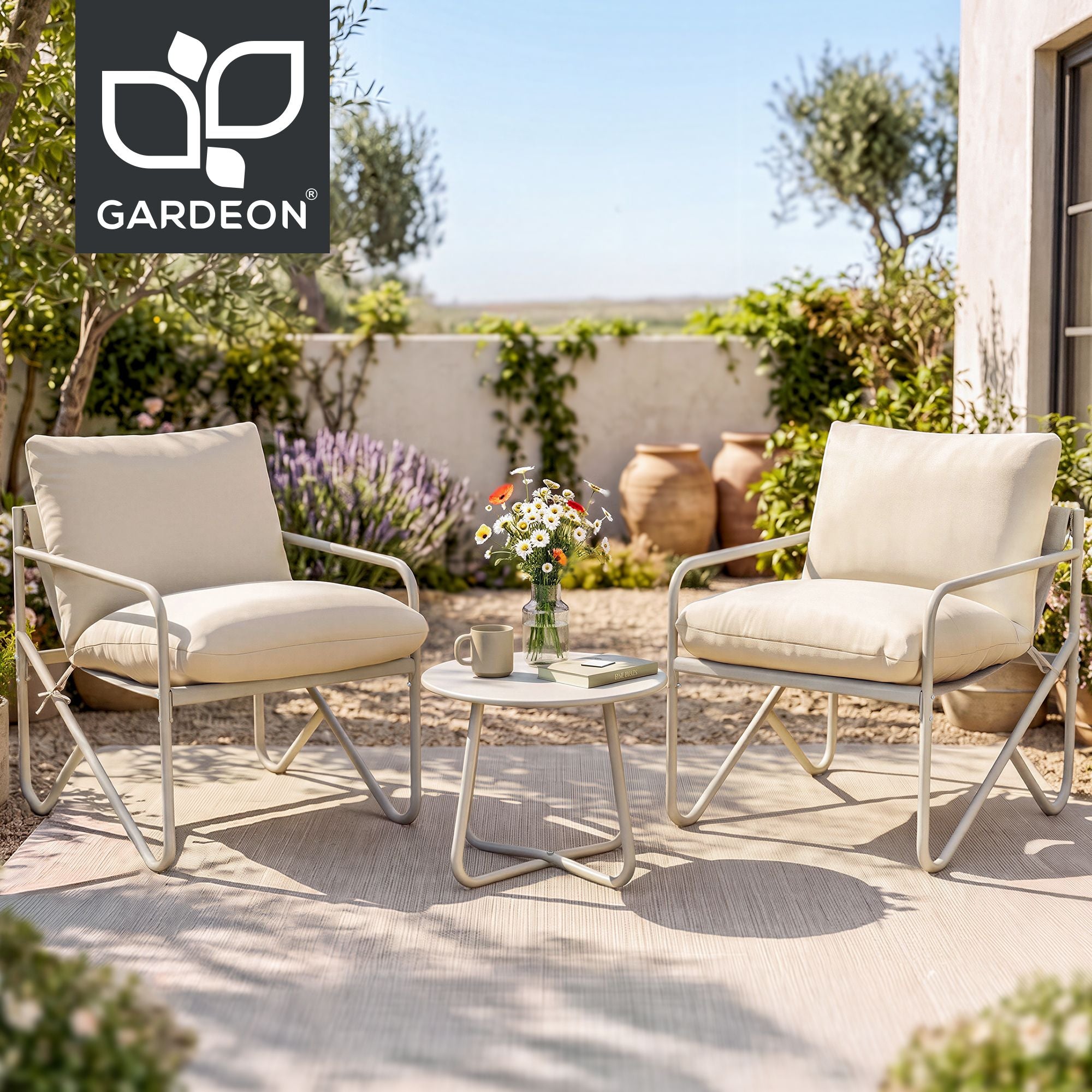 Gardeon Outdoor Bistro Set 3 Piece Patio Furniture Conversation Table and Chairs Khaki Bedworld