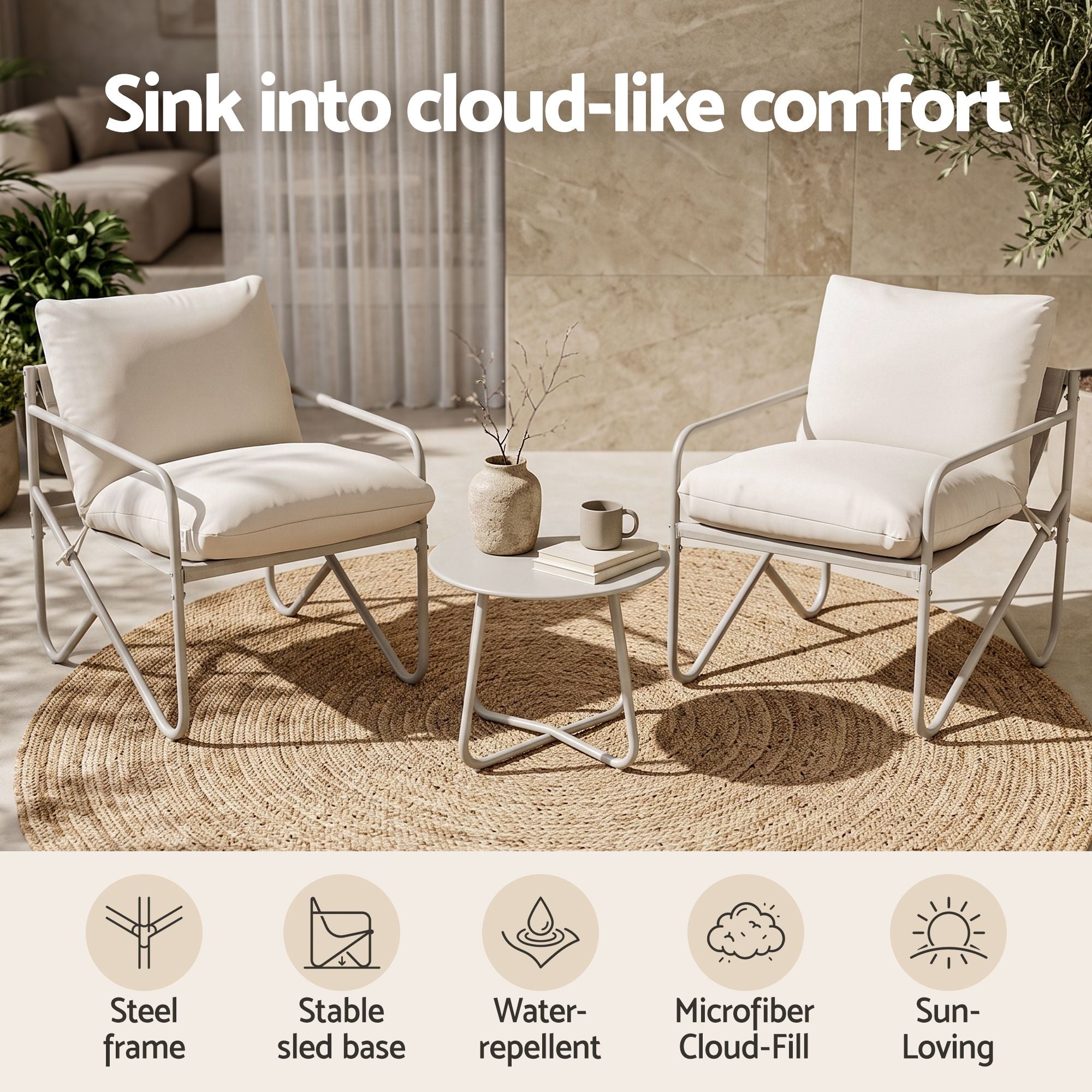 Gardeon Outdoor Bistro Set 3 Piece Patio Furniture Conversation Table and Chairs Khaki Bedworld