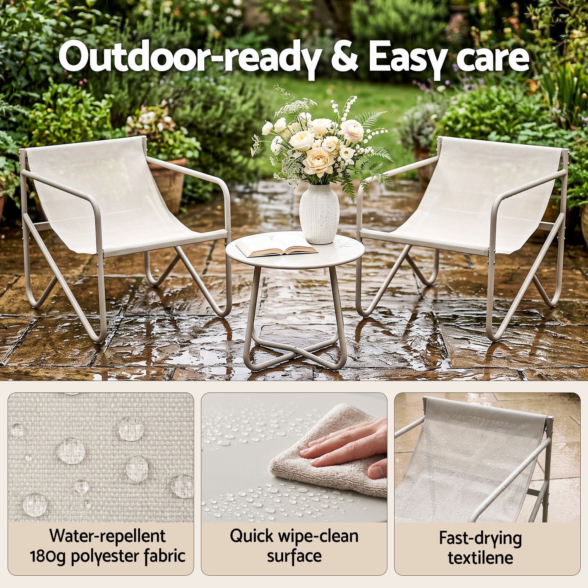 Gardeon Outdoor Bistro Set 3 Piece Patio Furniture Conversation Table and Chairs Khaki Bedworld