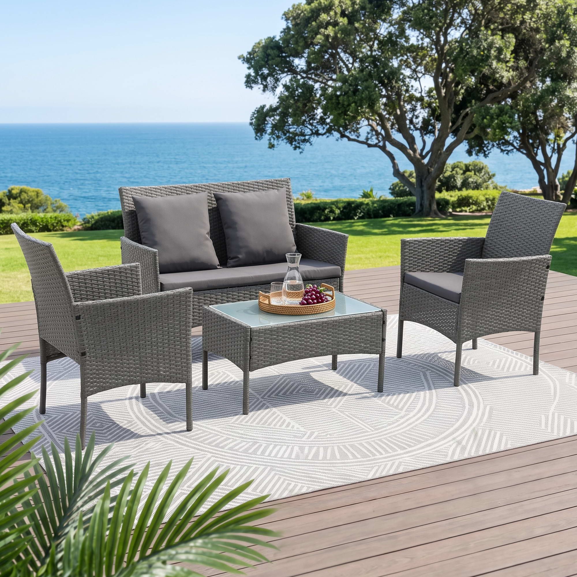 Gardeon 4-Piece Outdoor Sofa Set Rattan Furniture with Two Pillows Grey Bedworld