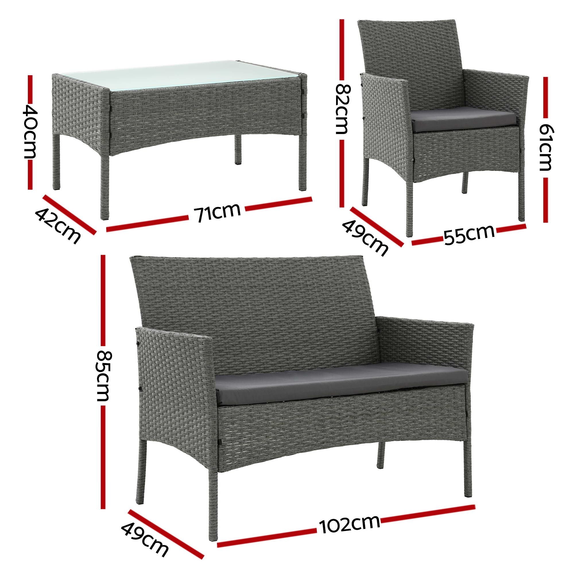 Gardeon 4-Piece Outdoor Sofa Set Rattan Furniture with Two Pillows Grey Bedworld