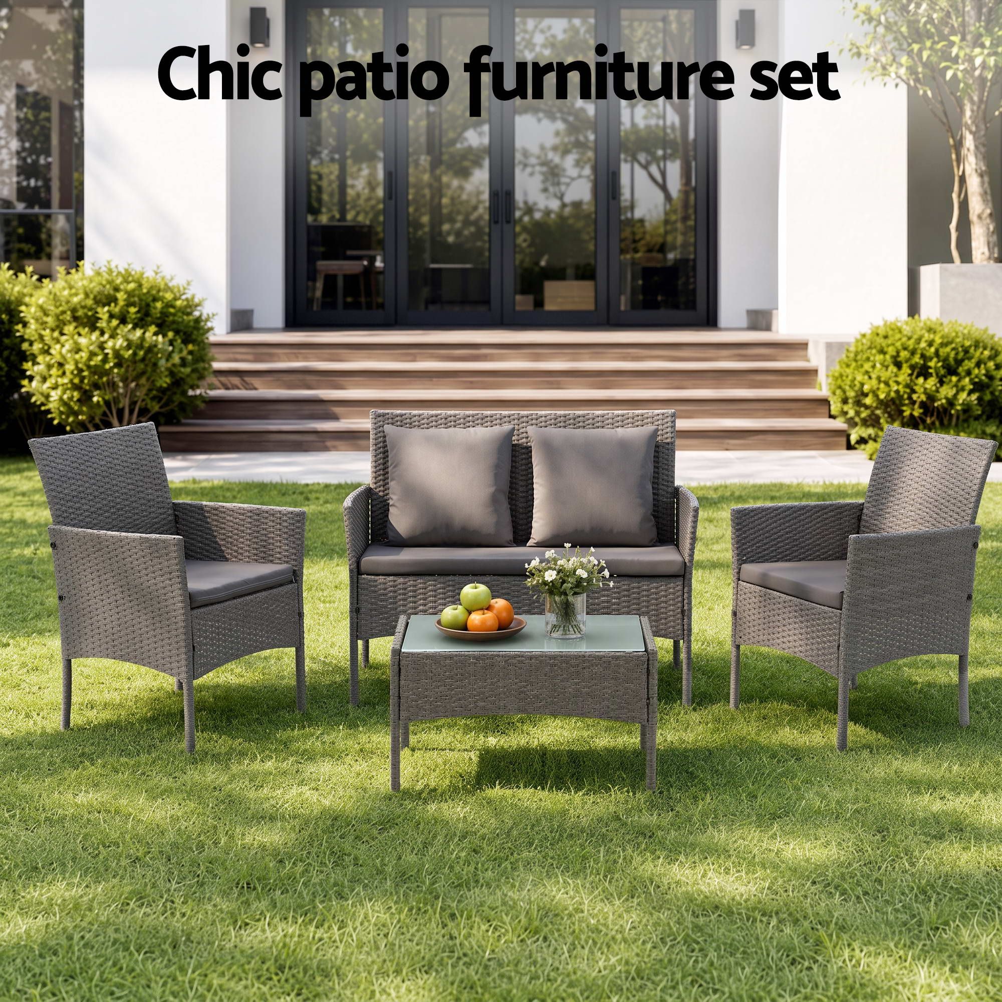 Gardeon 4-Piece Outdoor Sofa Set Rattan Furniture with Two Pillows Grey Bedworld
