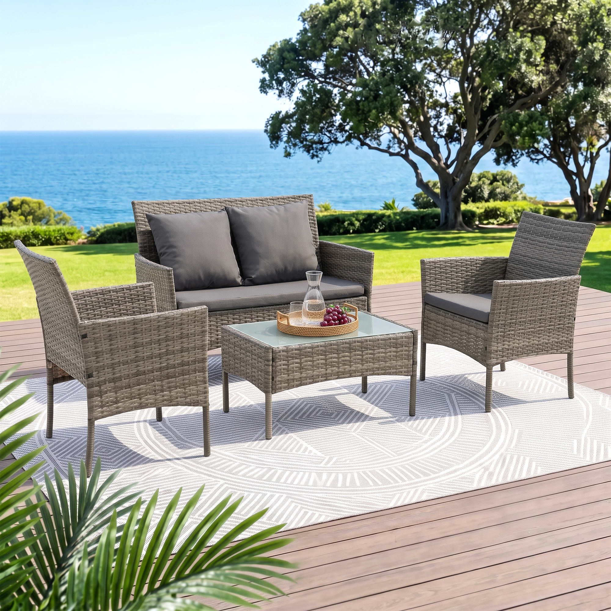 Gardeon 4-Piece Outdoor Sofa Set with Two Pillows Rattan Furniture Grey Bedworld