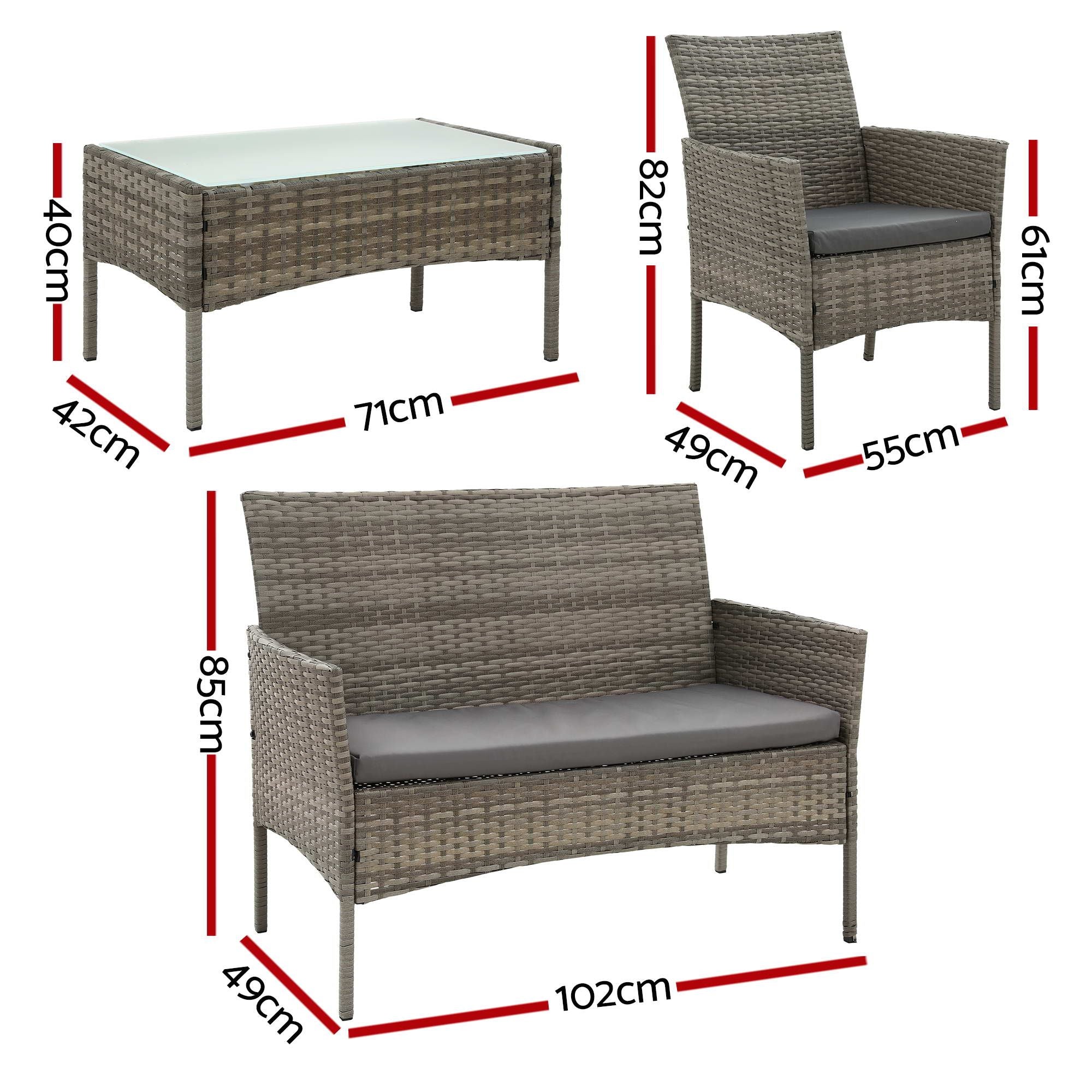 Gardeon 4-Piece Outdoor Sofa Set with Two Pillows Rattan Furniture Grey Bedworld