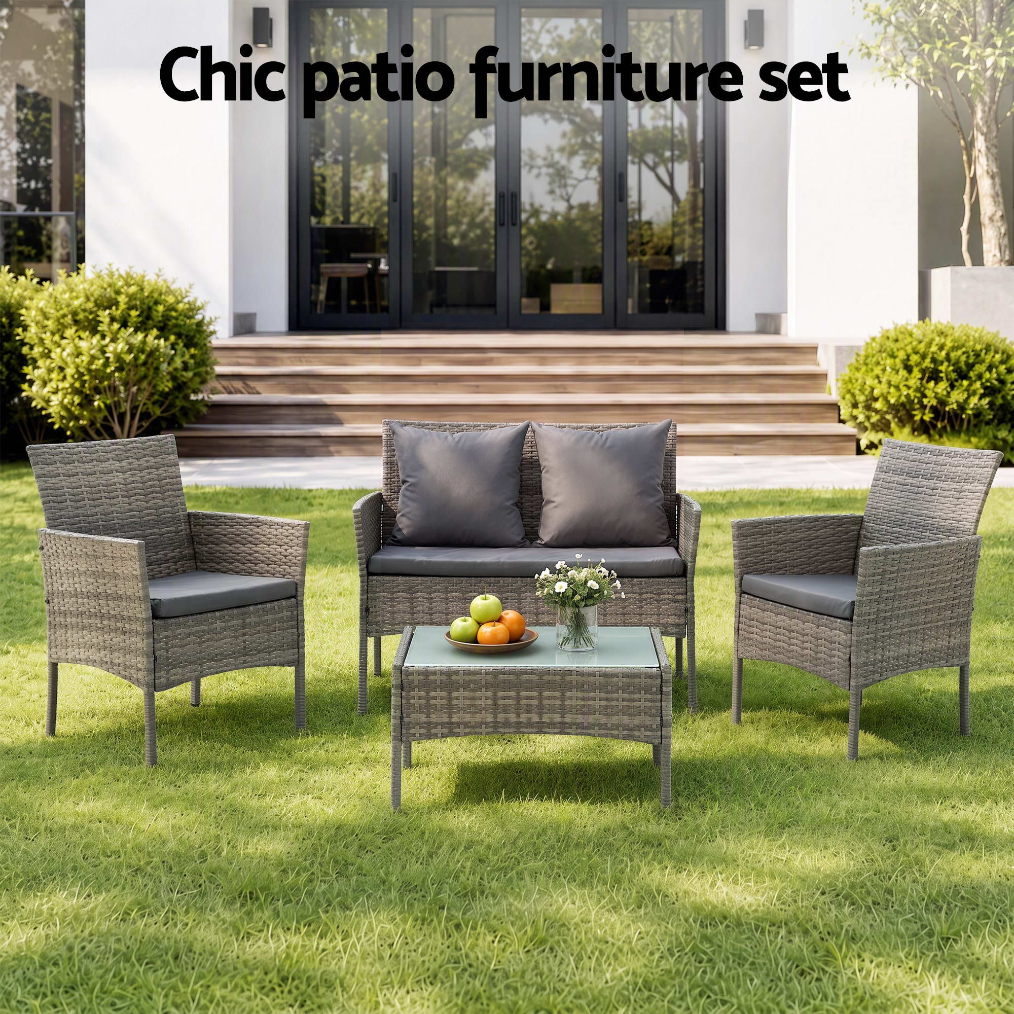 Gardeon 4-Piece Outdoor Sofa Set with Two Pillows Rattan Furniture Grey Bedworld
