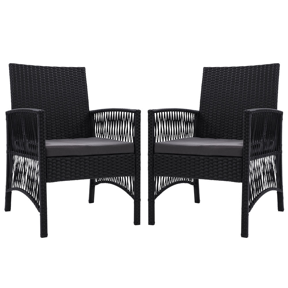 Set of 2 outdoor lounge chairs with dark wicker frames and gray seat cushions