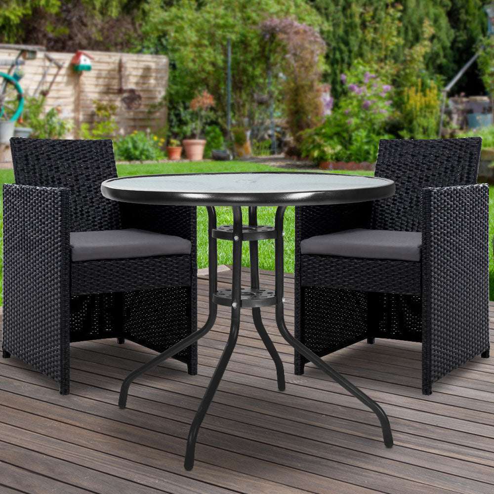 Gardeon 3PC Bistro Set Outdoor Furniture Rattan Table Chairs Cushion Patio Garden Hugo