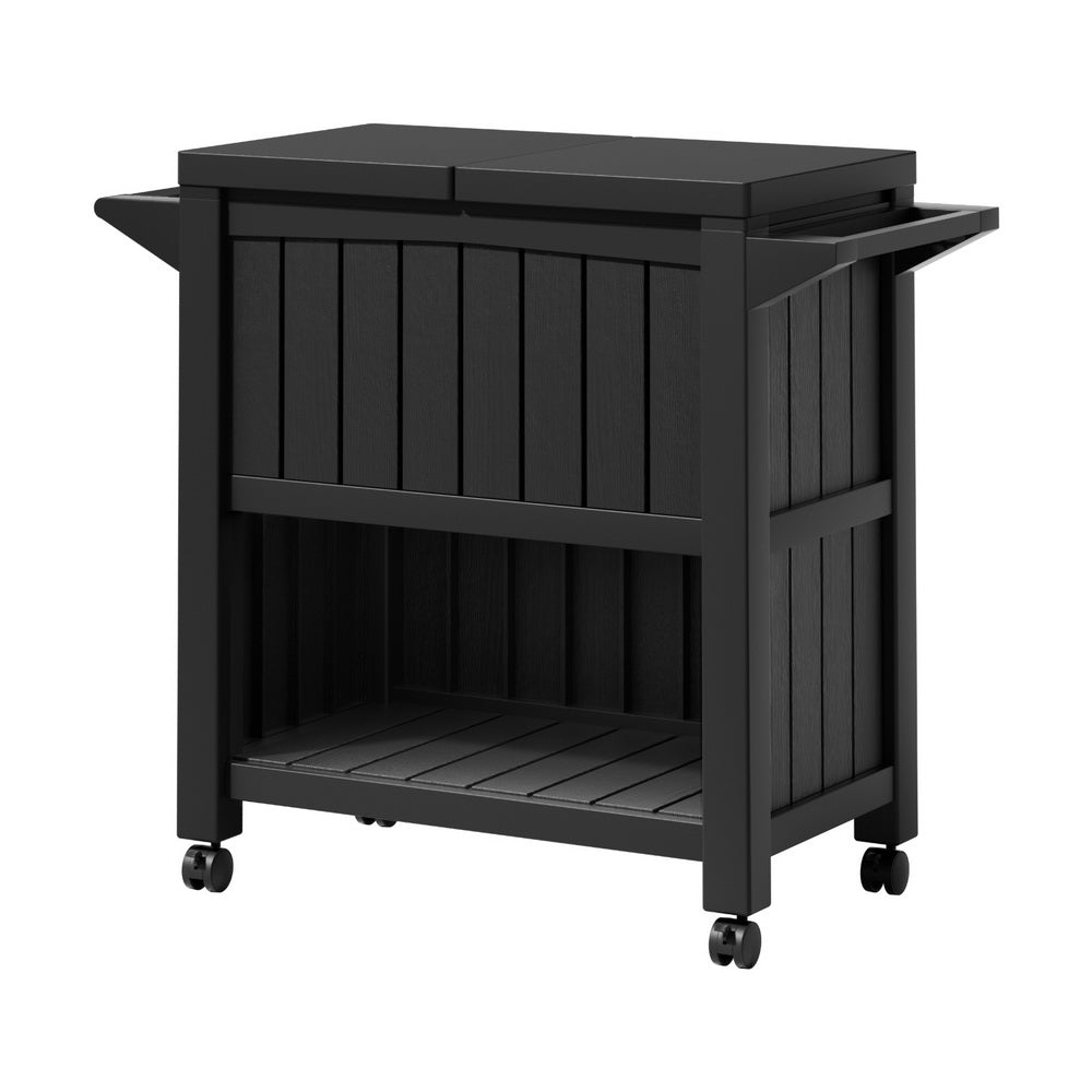 Black outdoor storage cabinet cart with open shelf, slatted sides, and four caster wheels