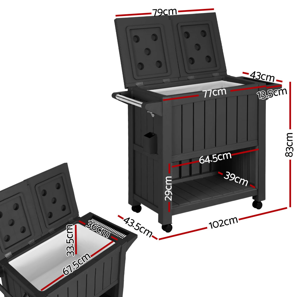 Outdoor storage cabinet cart size diagram with open front and four caster wheels