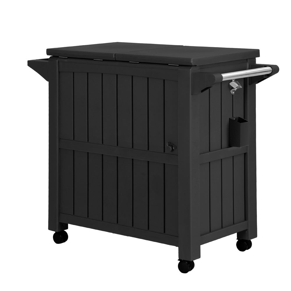 Black outdoor storage cabinet cart with open front shelf, side pull handle, and caster feet