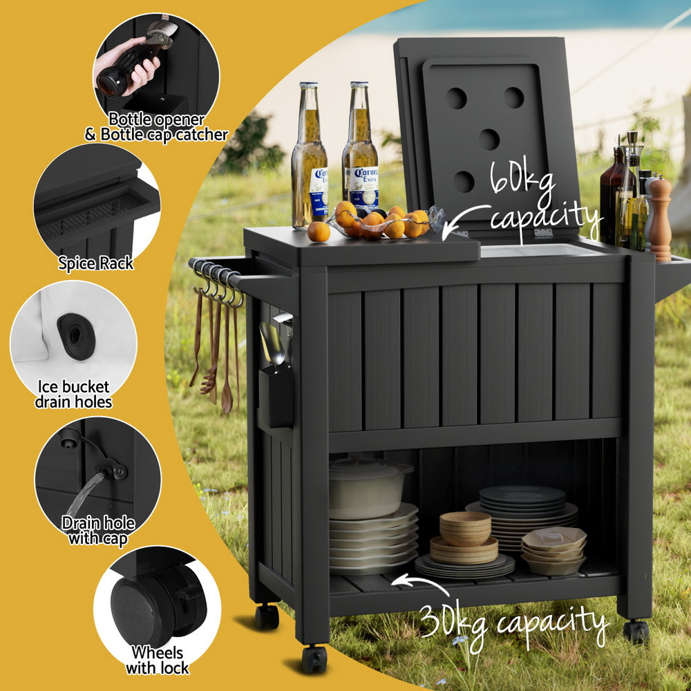 Outdoor storage cabinet cart with side bottle opener, spice rack, and ice bucket drain holes