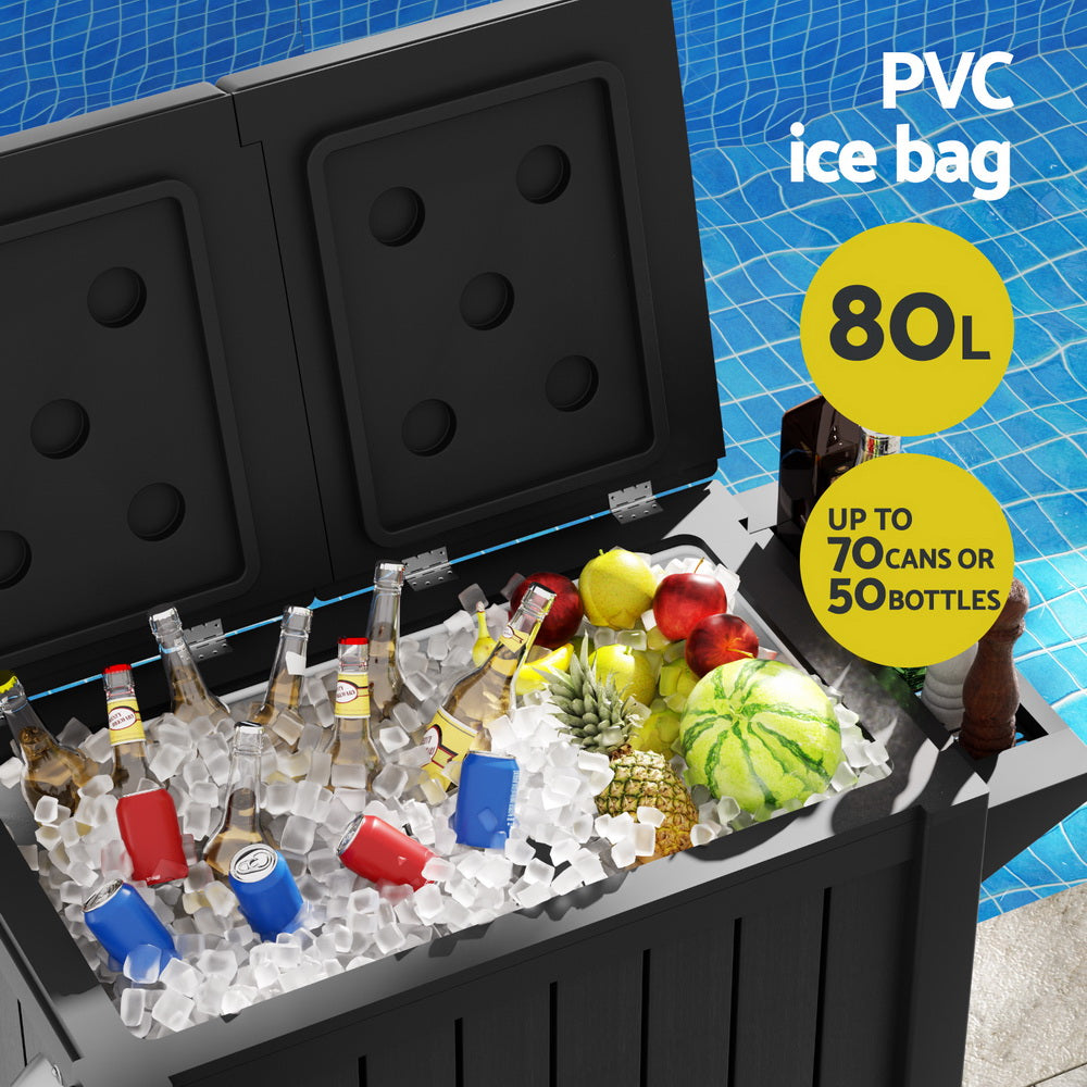 Black outdoor cooler cart with ice bucket liner area for drinks and party food