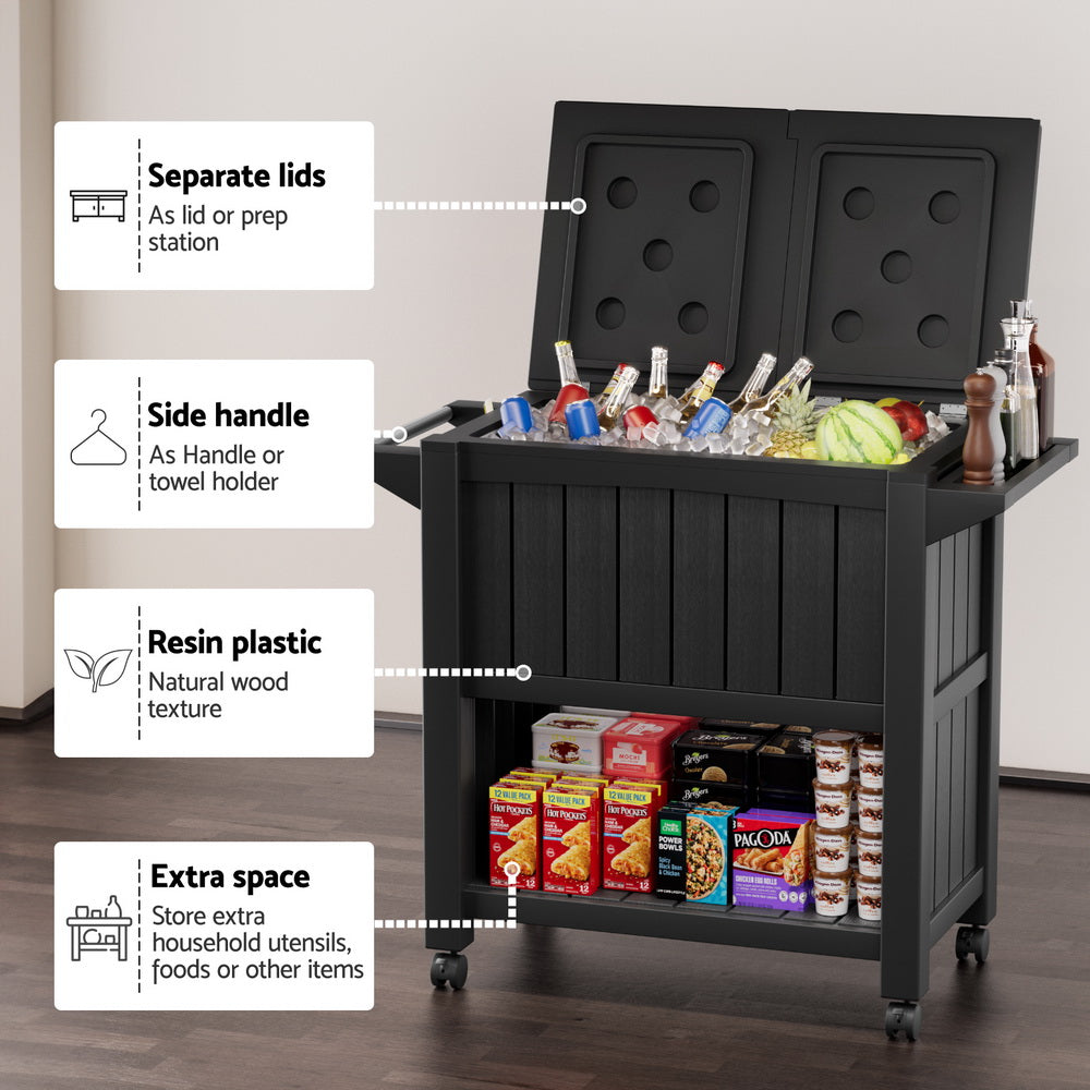 Outdoor storage cabinet cart with separate lid compartments, side handle, and storage shelf