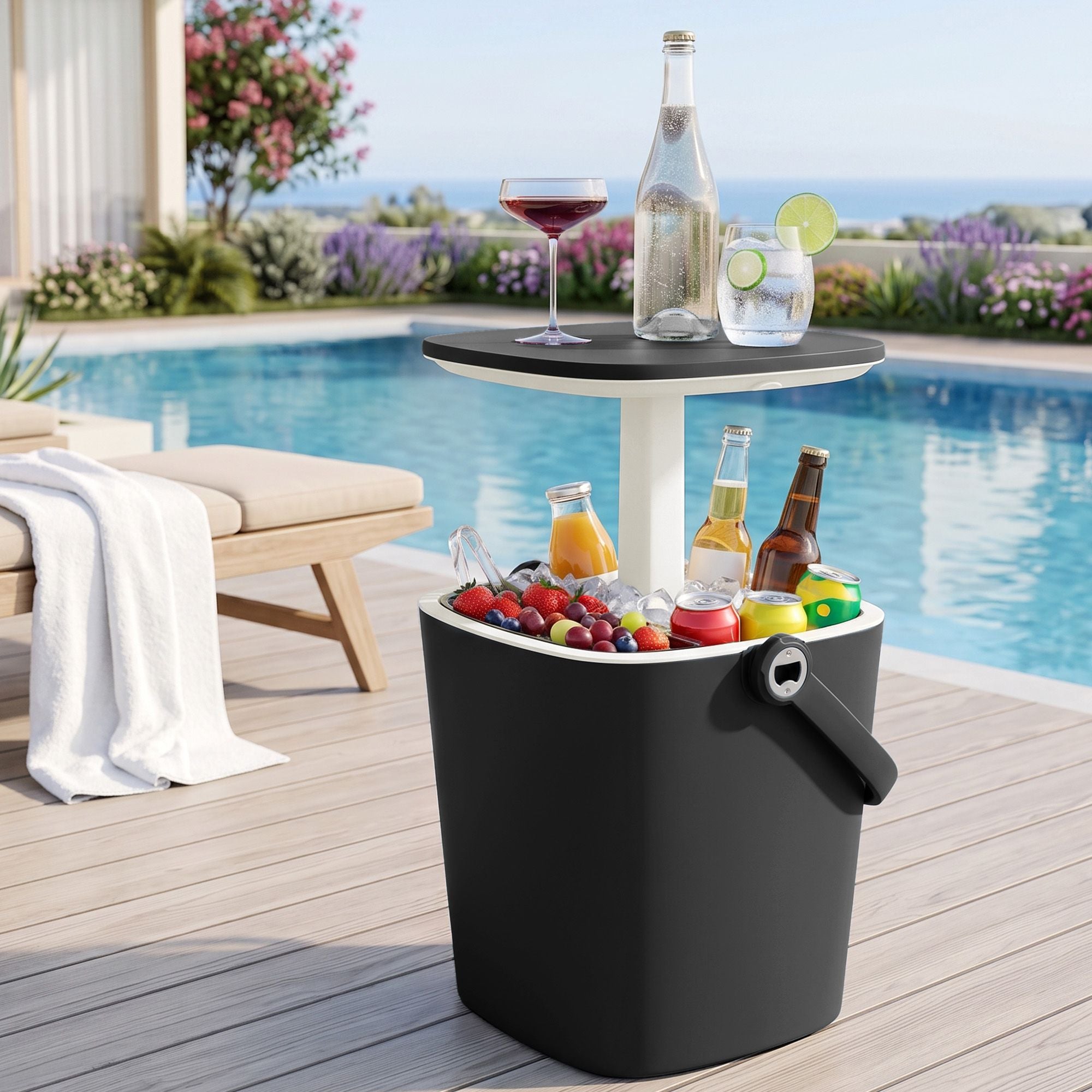 Gardeon 2-in-1 Outdoor Bar Table Portable Wine Cooler 15L Ice Bucket Tong Black Bedworld