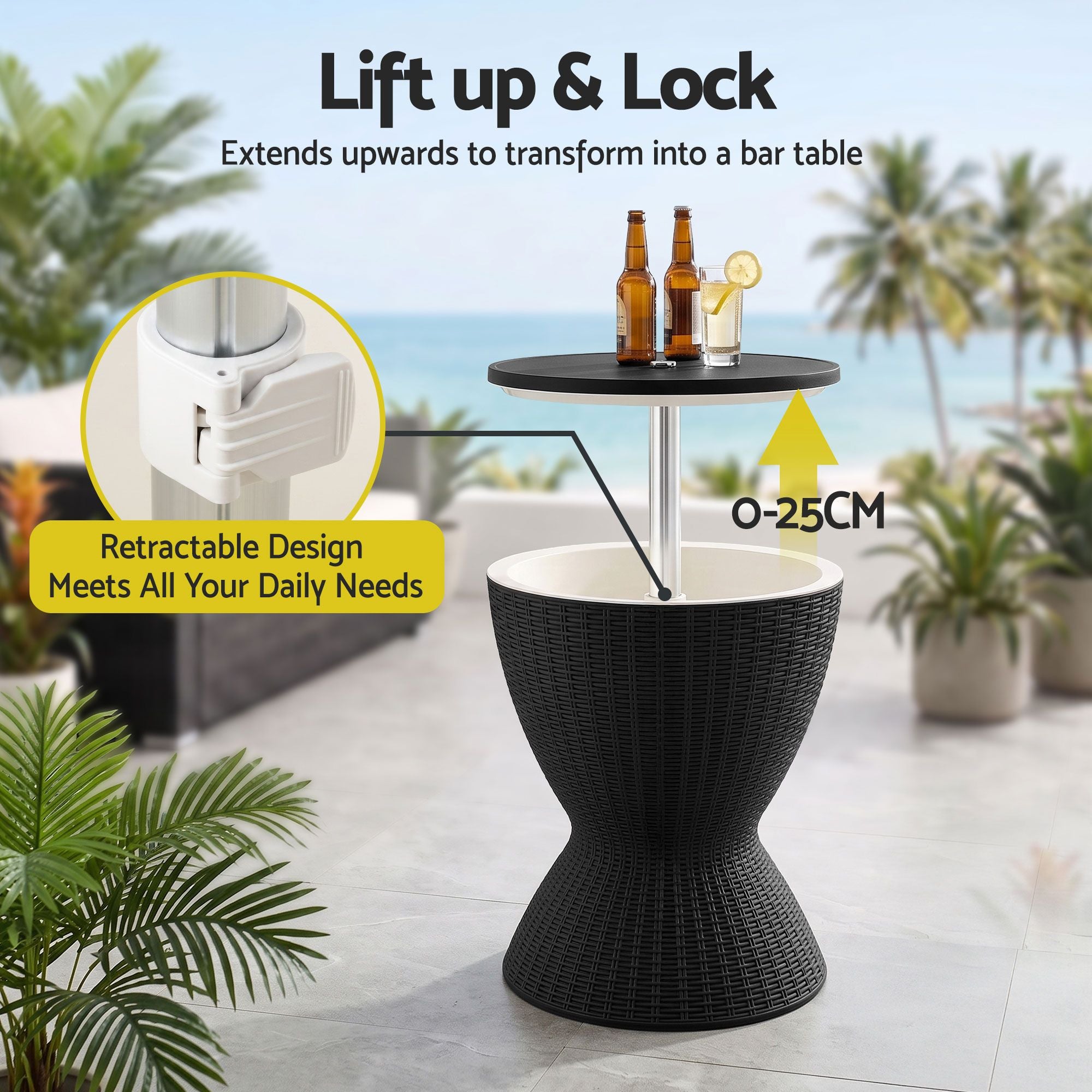 Gardeon Outdoor Bar Table Portable Ice Bucket Cooler 30L Adjustable Top Black Bedworld