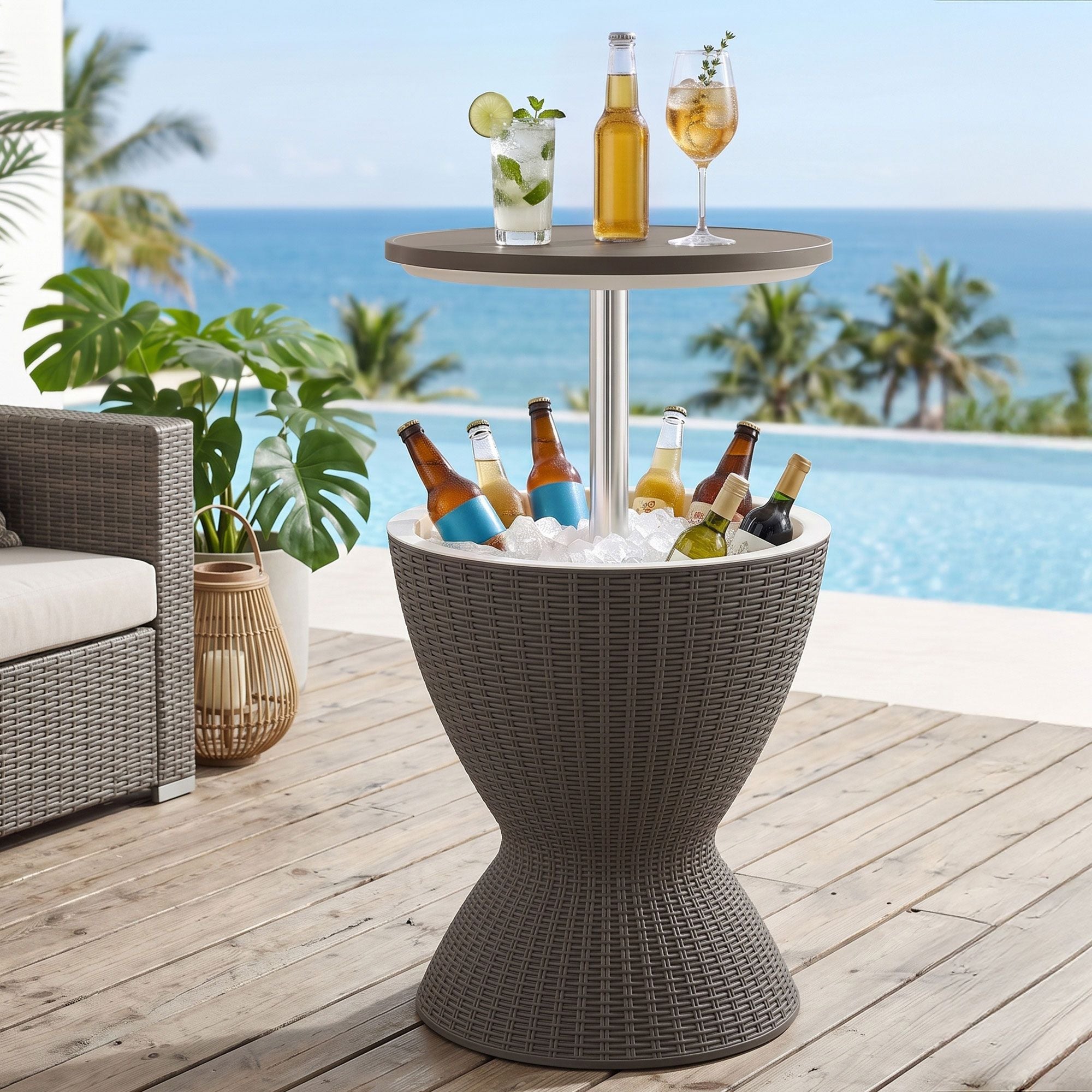 Gardeon Outdoor Bar Table Portable Ice Bucket Cooler 30L Adjustable Top Brown Bedworld