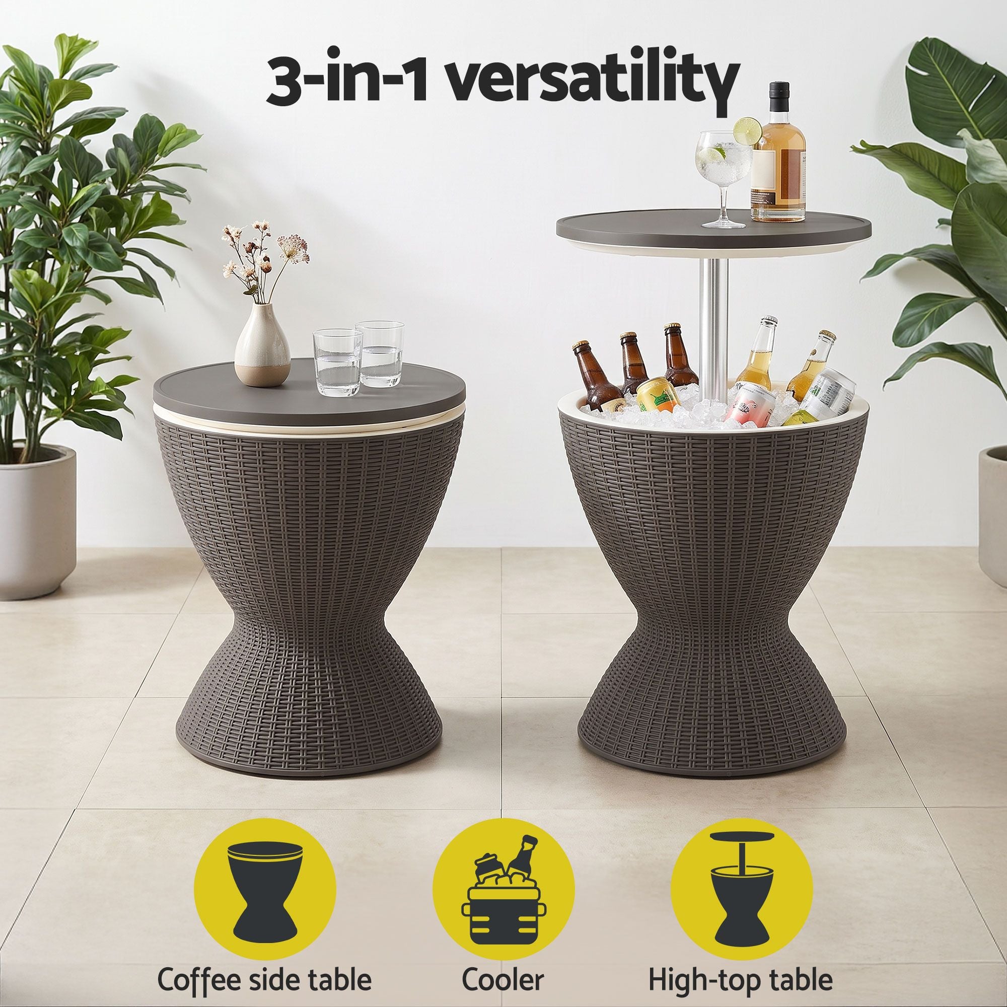 Gardeon Outdoor Bar Table Portable Ice Bucket Cooler 30L Adjustable Top Brown Bedworld