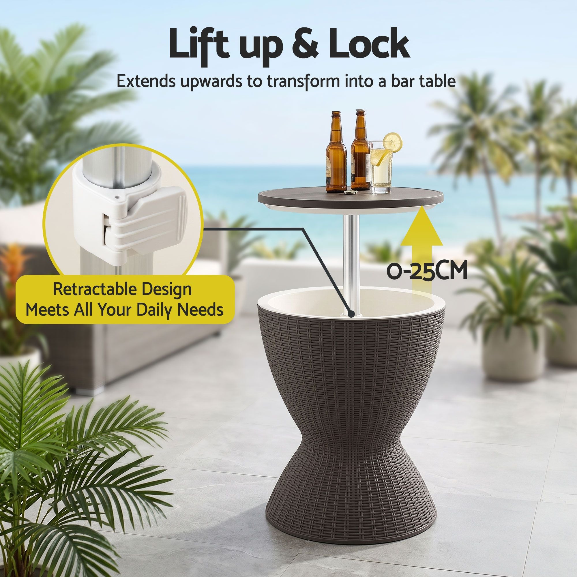 Gardeon Outdoor Bar Table Portable Ice Bucket Cooler 30L Adjustable Top Brown Bedworld