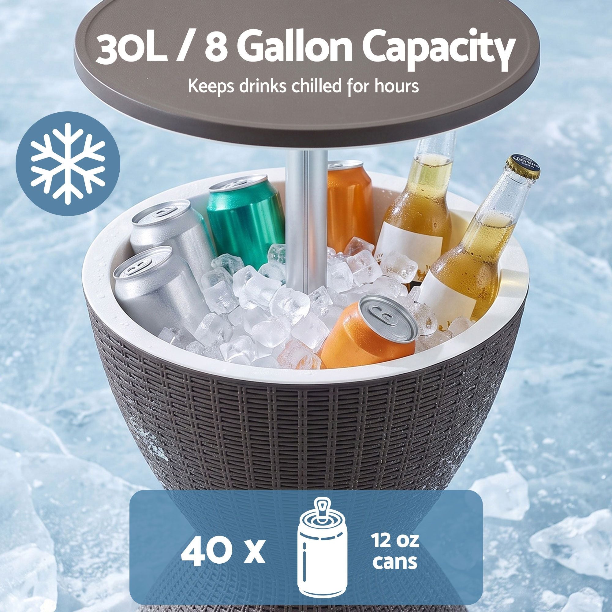 Gardeon Outdoor Bar Table Portable Ice Bucket Cooler 30L Adjustable Top Brown Bedworld