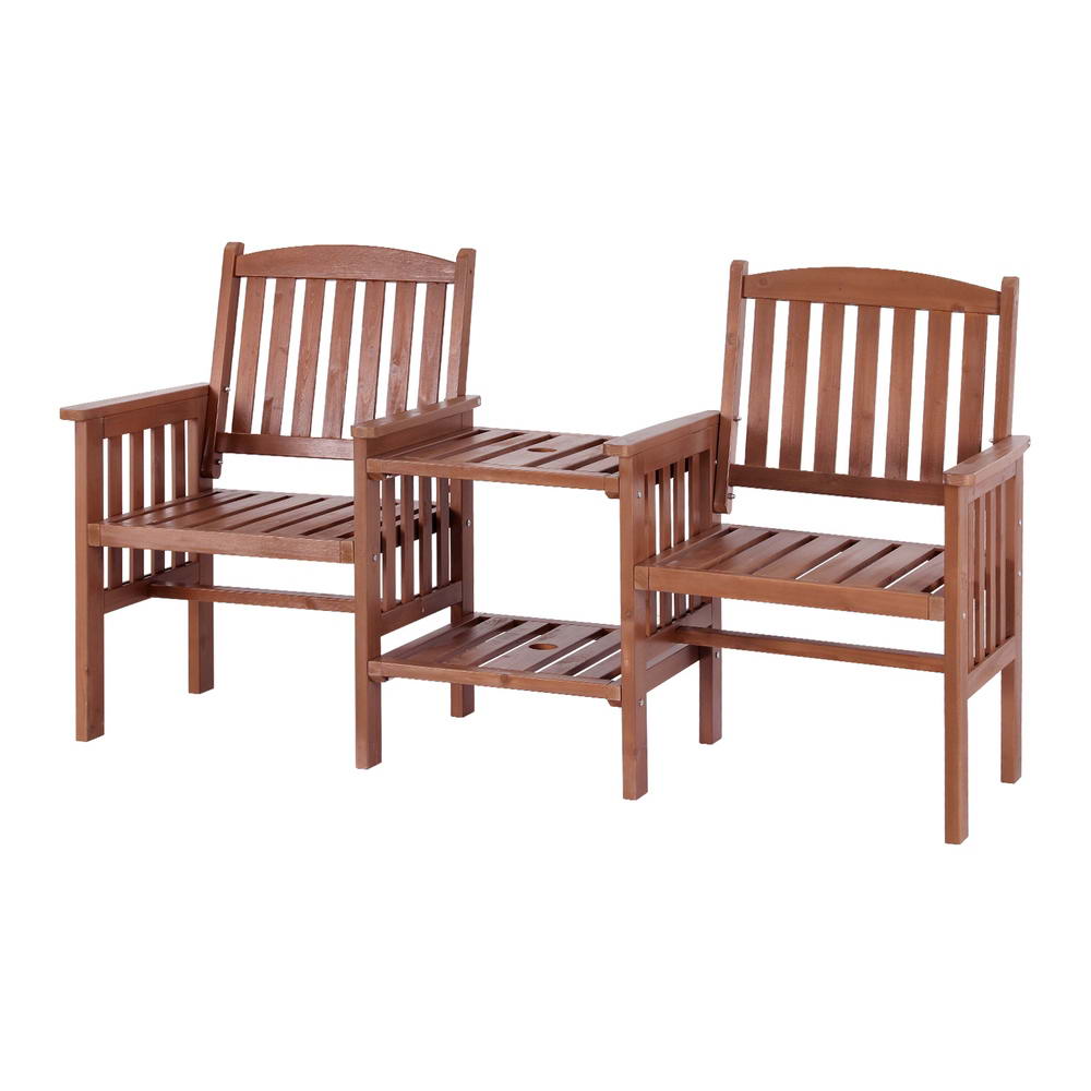 Brown wooden outdoor chair set with two armchairs and slatted center table