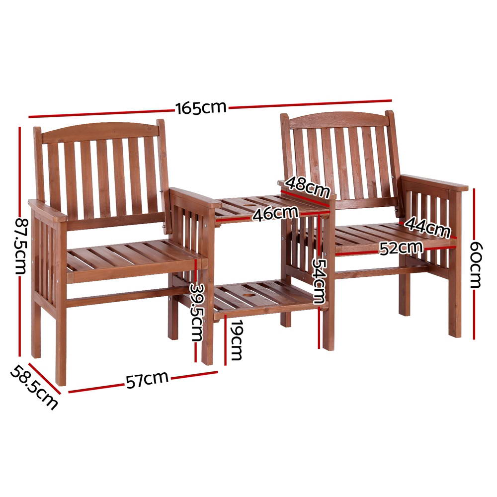 Brown wooden outdoor loveseat set with two armchairs and slatted center table