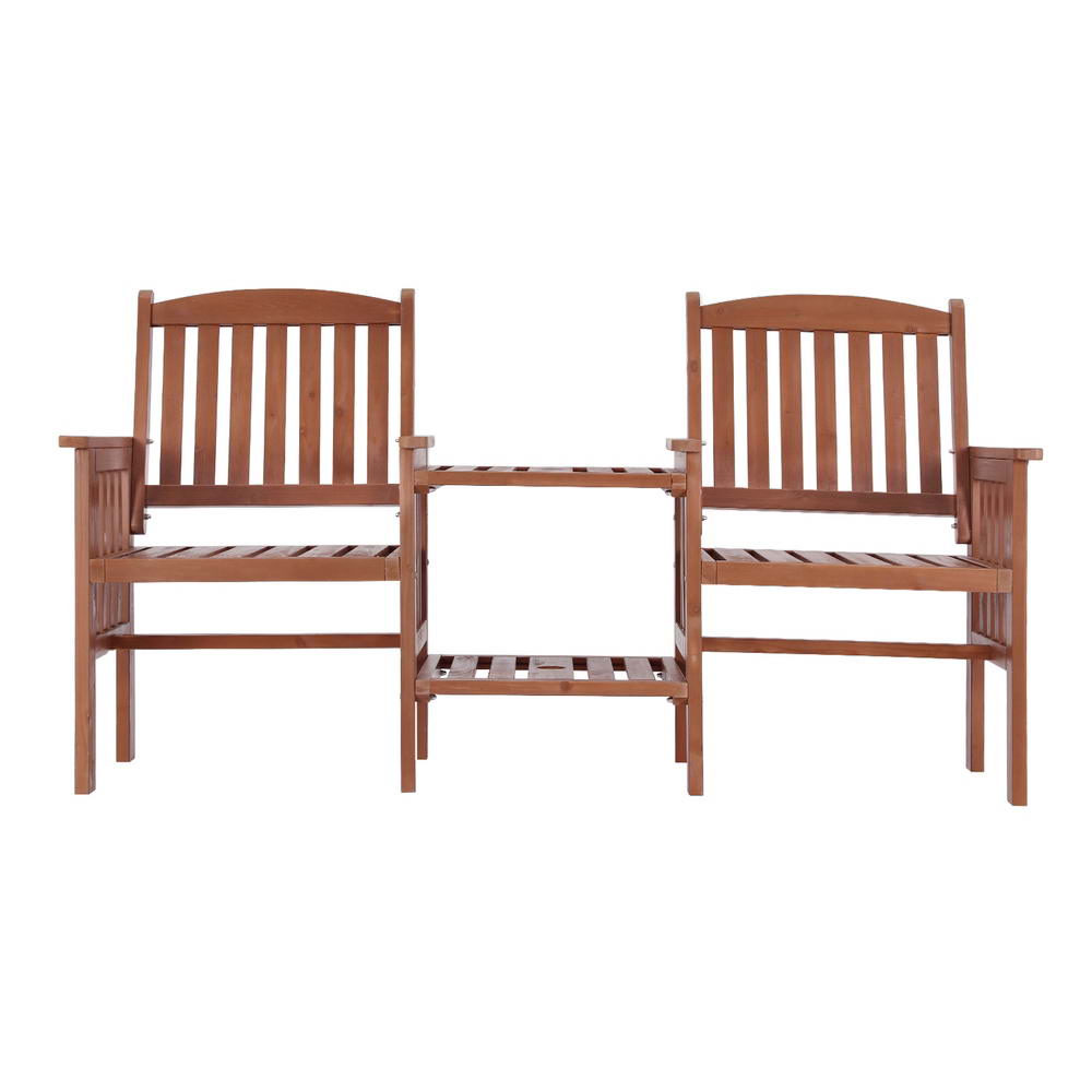 Brown wooden bench loveseat set with two slat-back armchairs and center slatted table