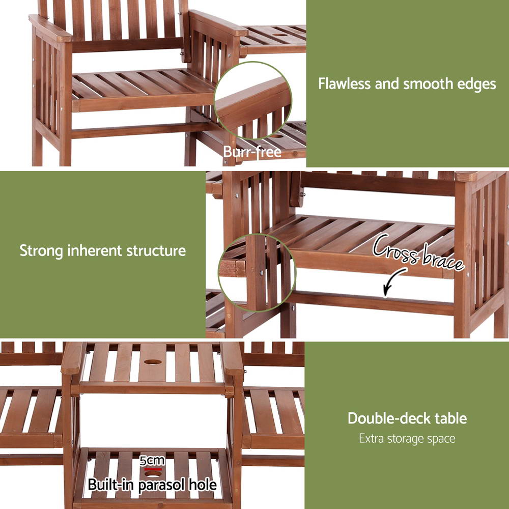 Brown wooden chair armrest and slatted tabletop with matching seat back slats