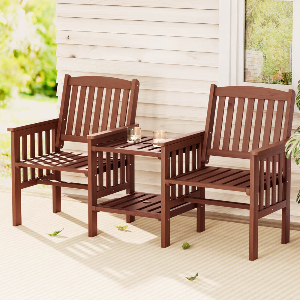 Brown wooden outdoor loveseat chair set with two slat-back armchairs and center table