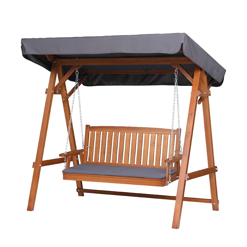 Outdoor wooden swing chair bench with gray canopy fabric and hanging chain support