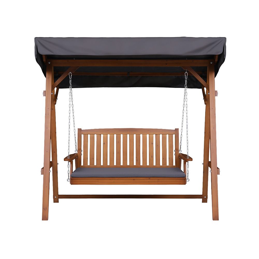 Outdoor wooden swing chair bench with gray canopy top, wooden slat back, and seat