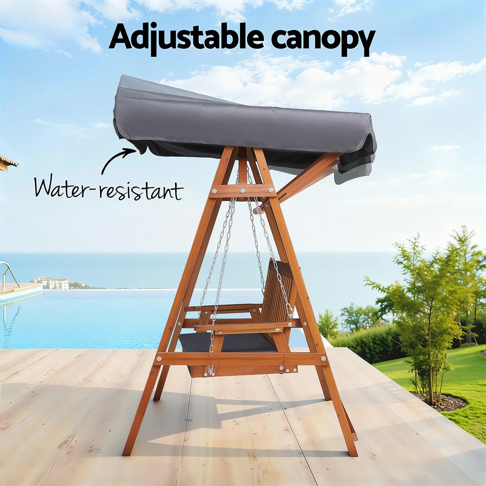 Outdoor wooden swing chair bench with adjustable-looking gray canopy and hanging chains