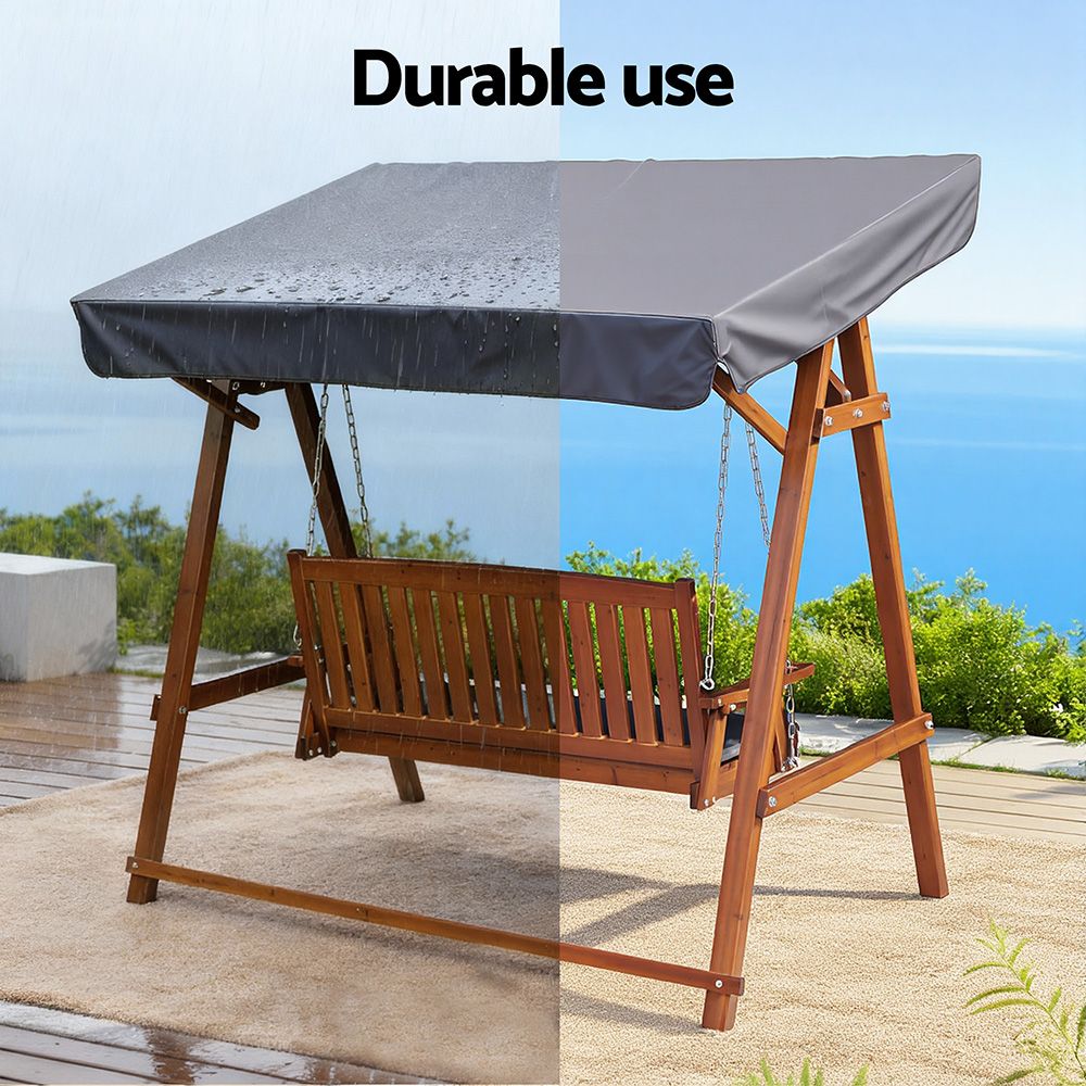 Outdoor wooden swing chair bench with gray canopy cover and wooden slat seat support