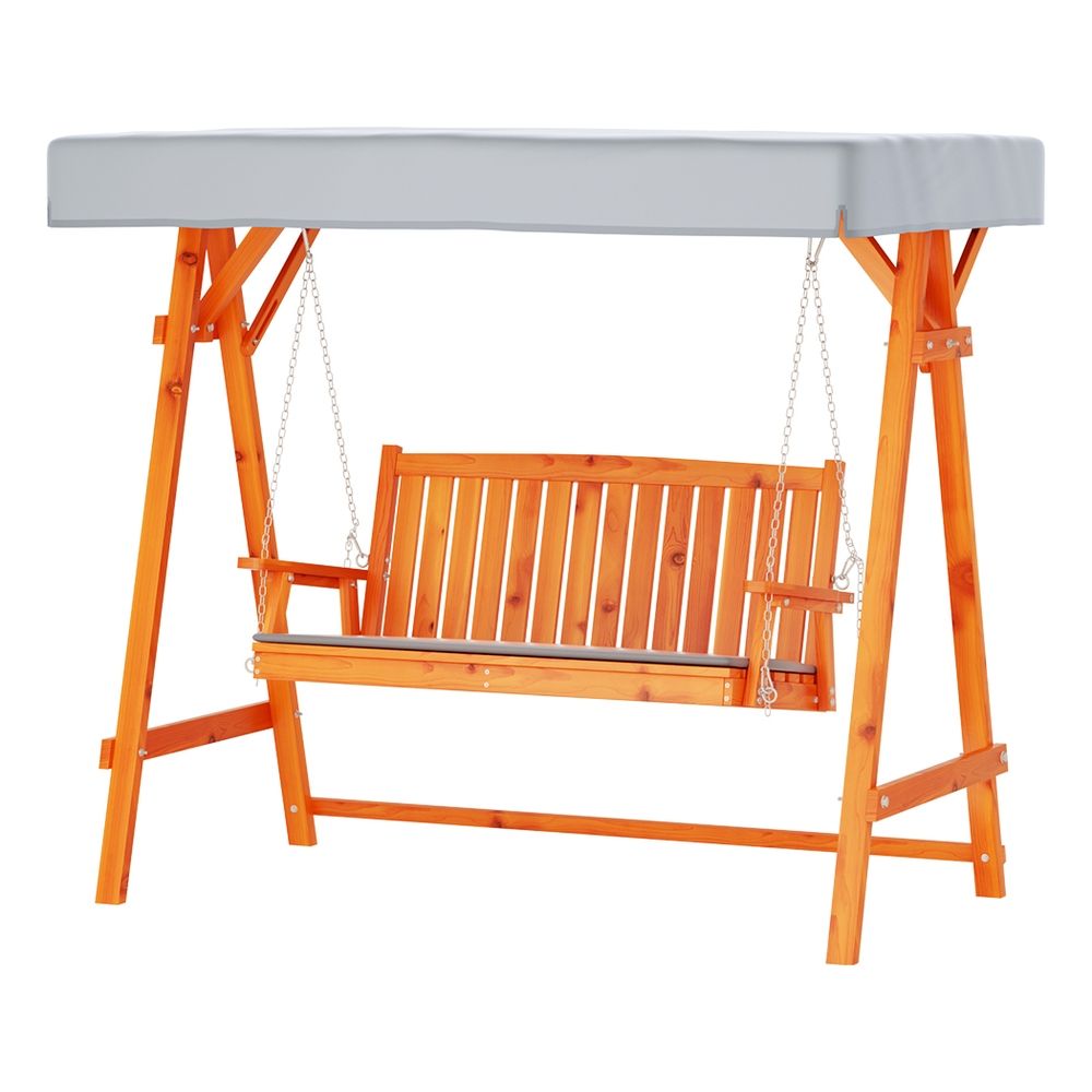 Outdoor wooden swing chair bench with gray top canopy and wooden slat back, hanging chains