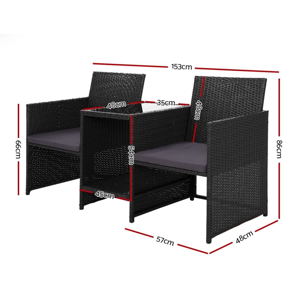 Black wicker patio loveseat set with gray cushions and square side table