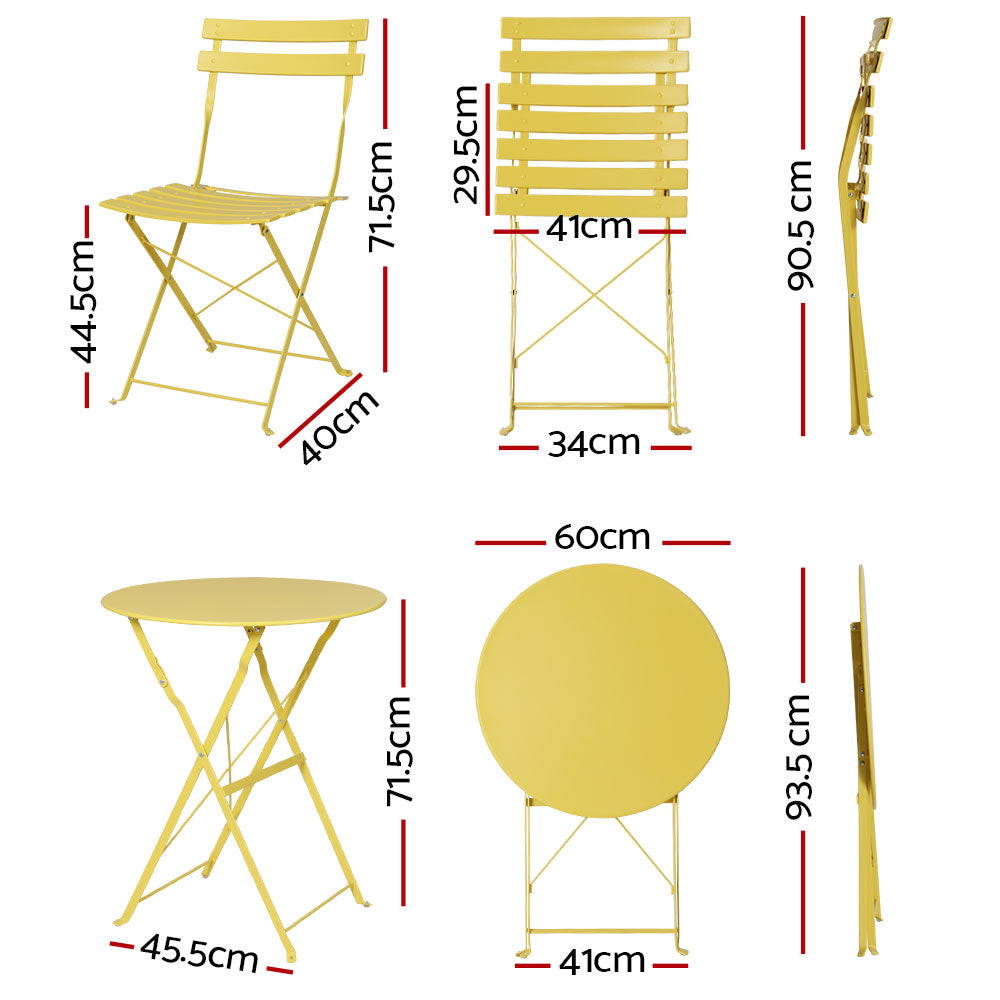 Yellow folding chair and round bistro table size diagram, includes dimensions